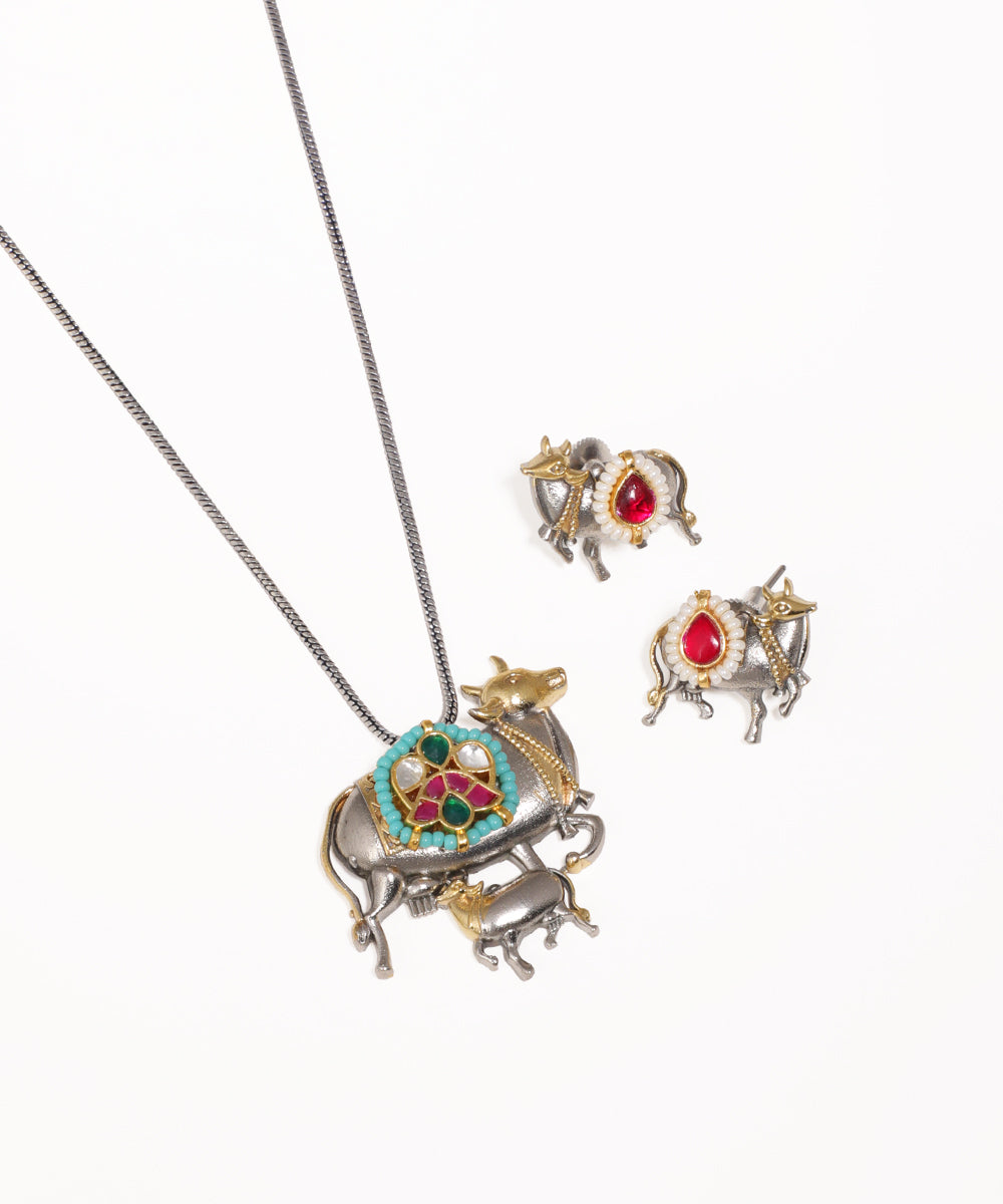 Traditional Cow Motif Oxidised Necklace with Earrings | Stylika