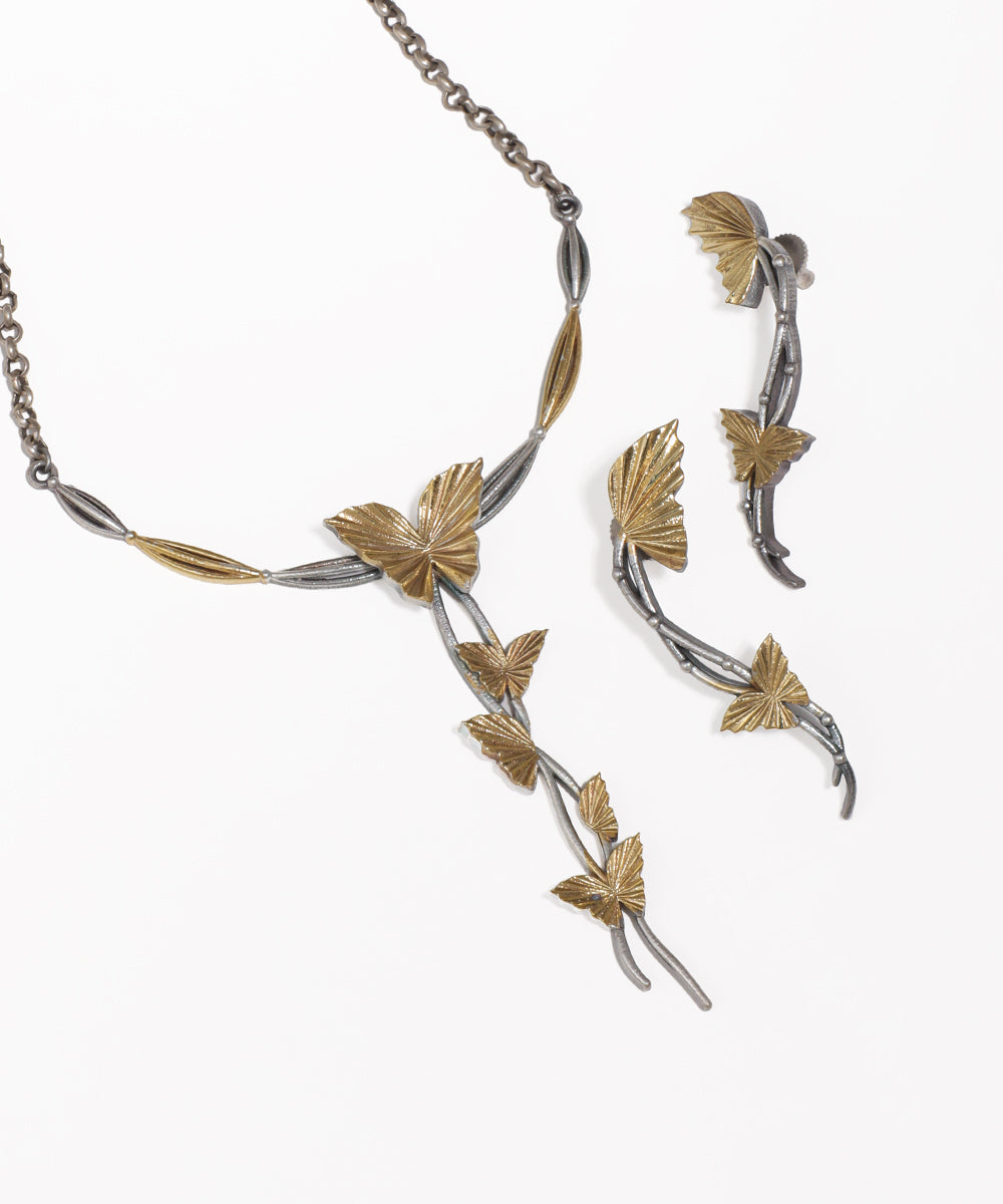 Dual Tone Butterfly Oxidised Necklace with Earrings | Stylika