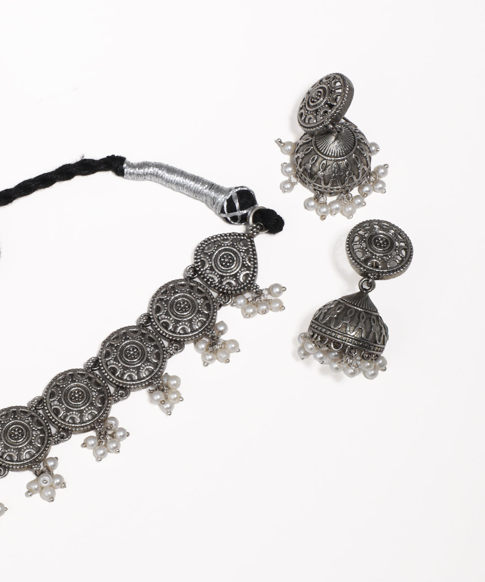 Oxidised Medallion Choker & Jhumka Set | Stylika