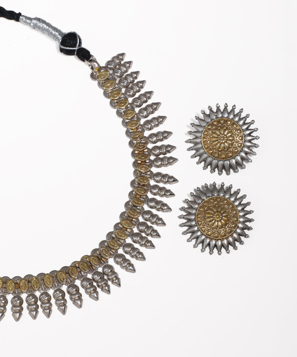 Dual Tone Drop Oxidised Necklace with Earrings | Stylika