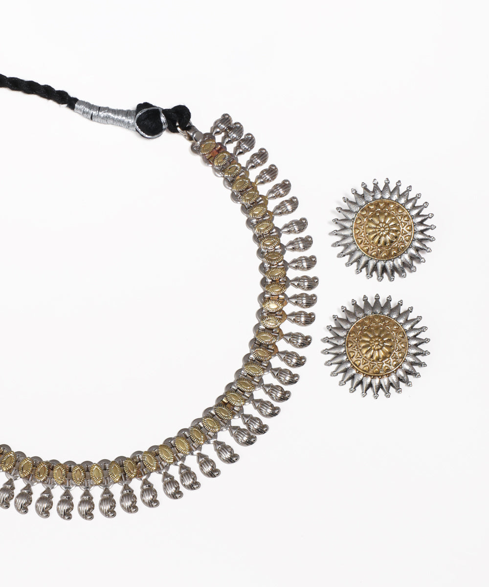Dual Tone Oxidised Drop Necklace with Earrings | Stylika