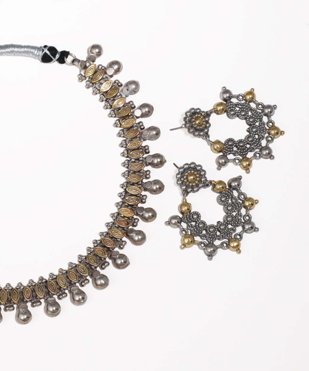 Patterned Oxidised Choker Necklace with Matching Earrings | Stylika