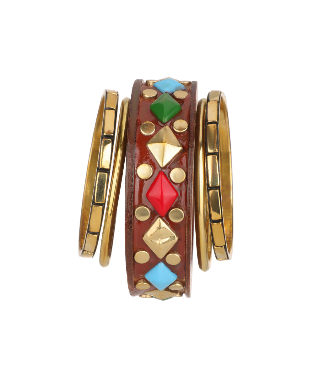 Wooden Kada with Stacked Bangles featuring geometric motifs