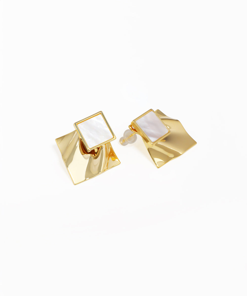 Gold wavy square drop earrings featuring modern geometric styling