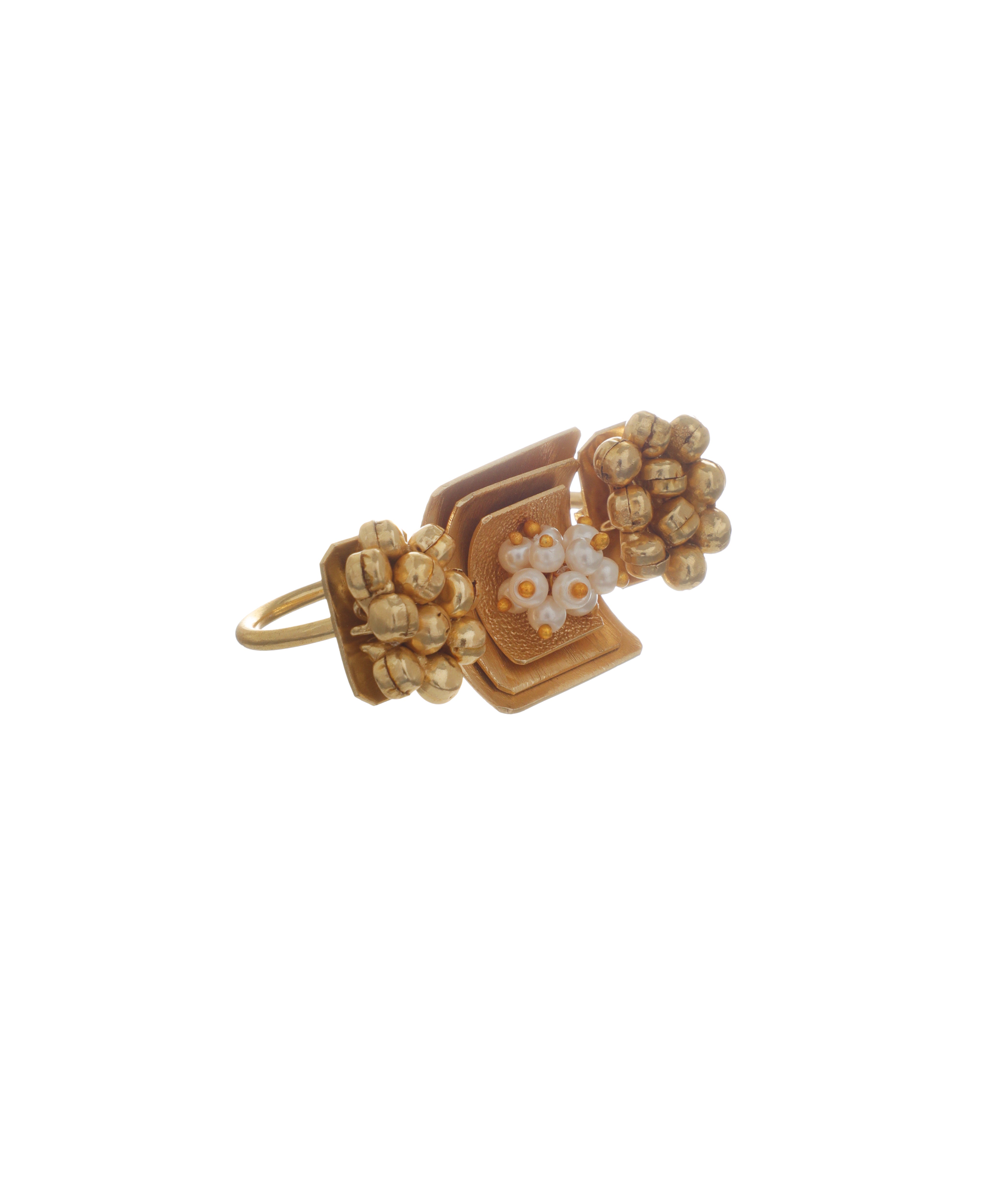 Bold Textured Bead & Faux Pearl Ethnic Double Finger Ring | Stylika