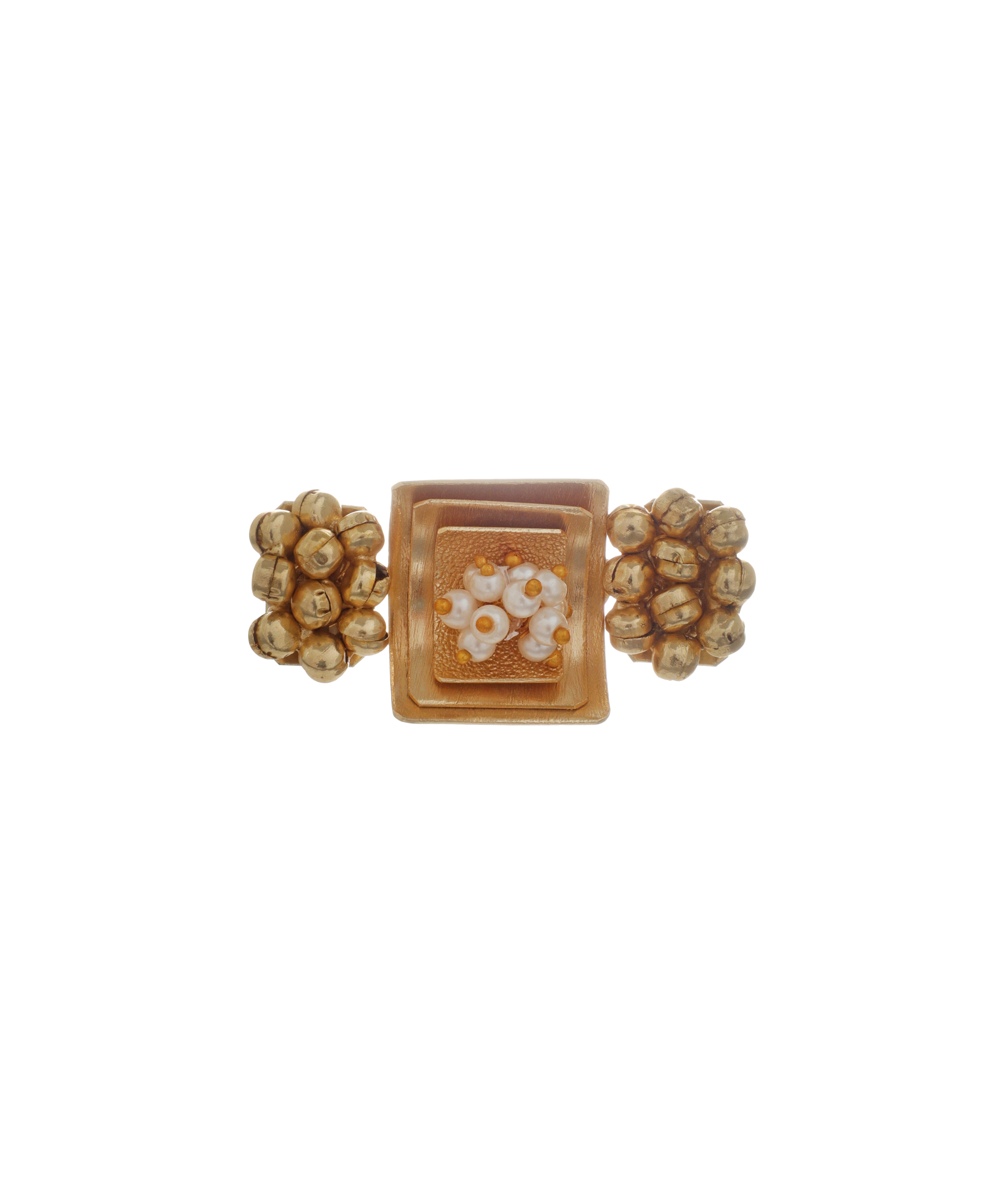Bold Textured Bead & Faux Pearl Ethnic Double Finger Ring | Stylika