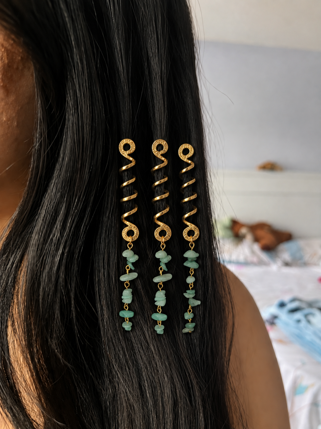 Long Spiral Matcha Stone Chip Hair Braidlet | Stylika