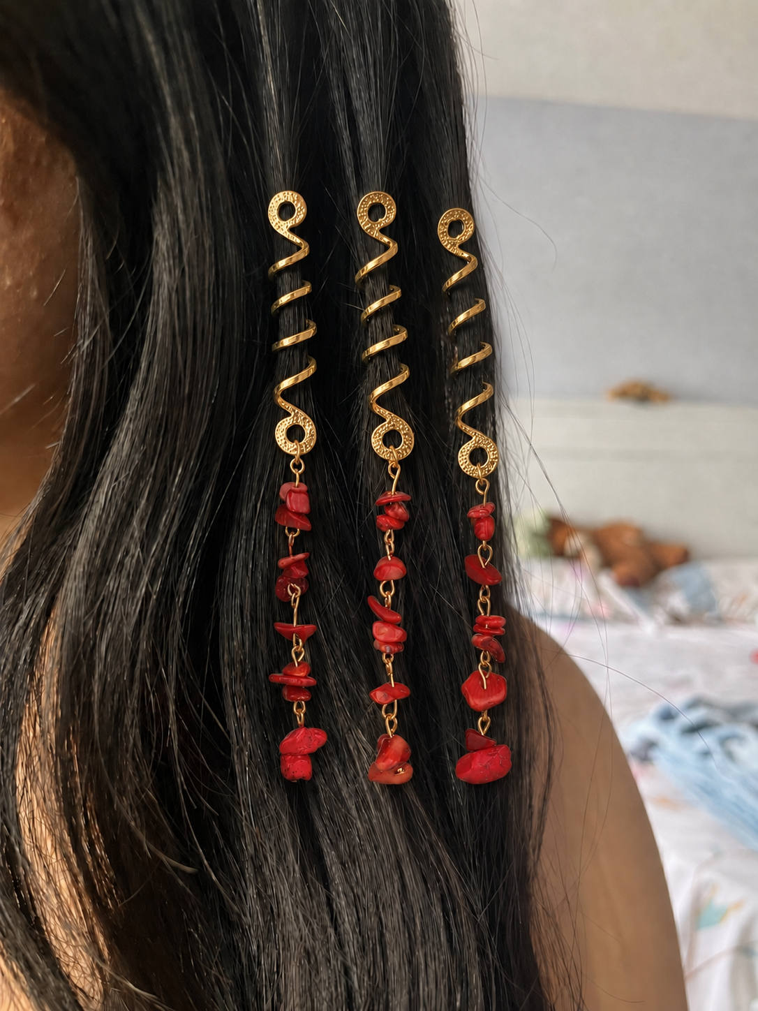 Long Spiral Red Stone Chip Hair Braidlet | Stylika