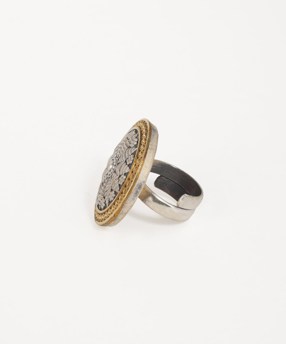 Oxidised silver mandala ring featuring dual-tone floral filigree accents