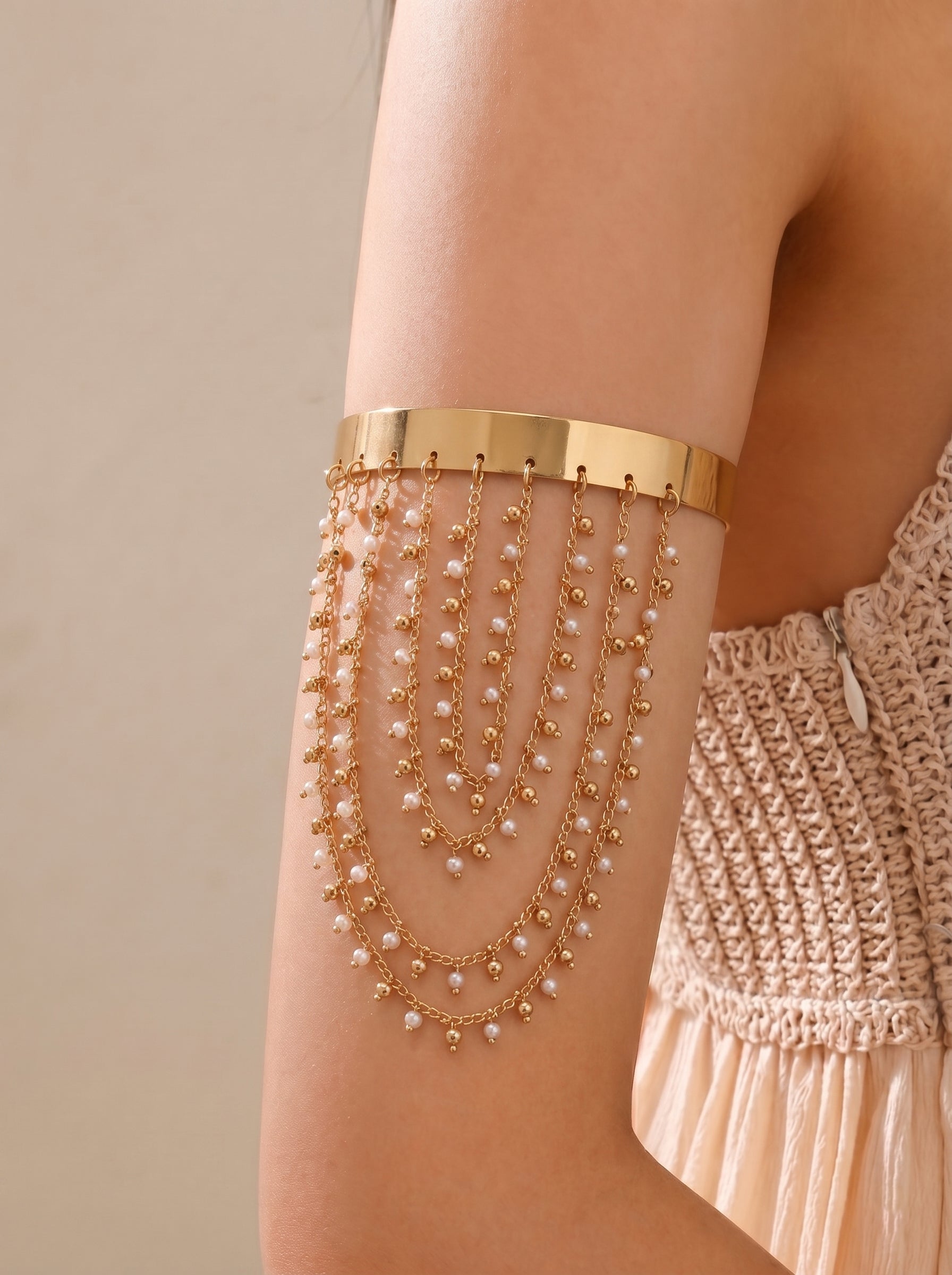 Wide Band Cascading Chain Arm Cuff with Beads | Stylika