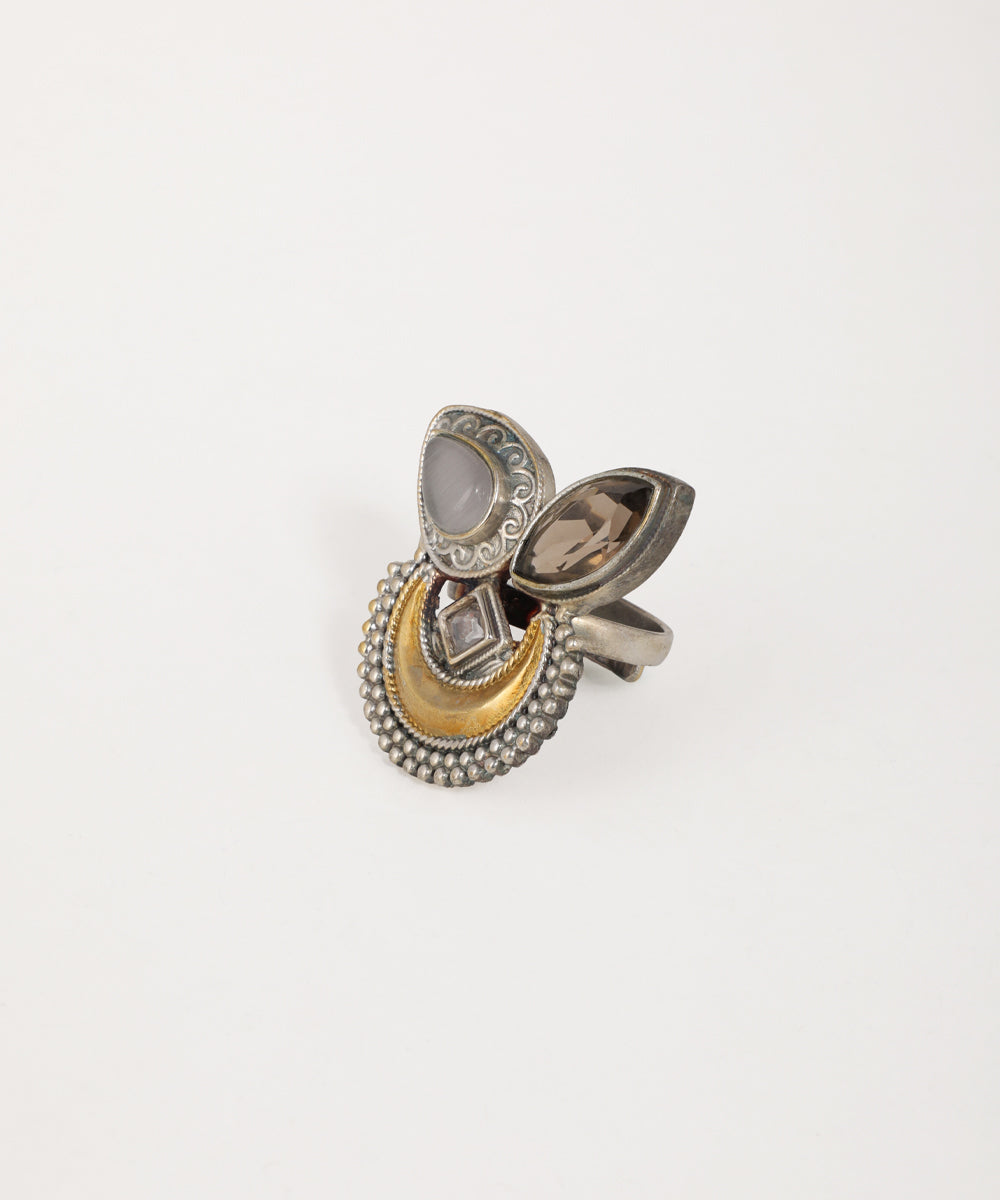 Oxidised crescent statement ring with intricate filigree detailing
