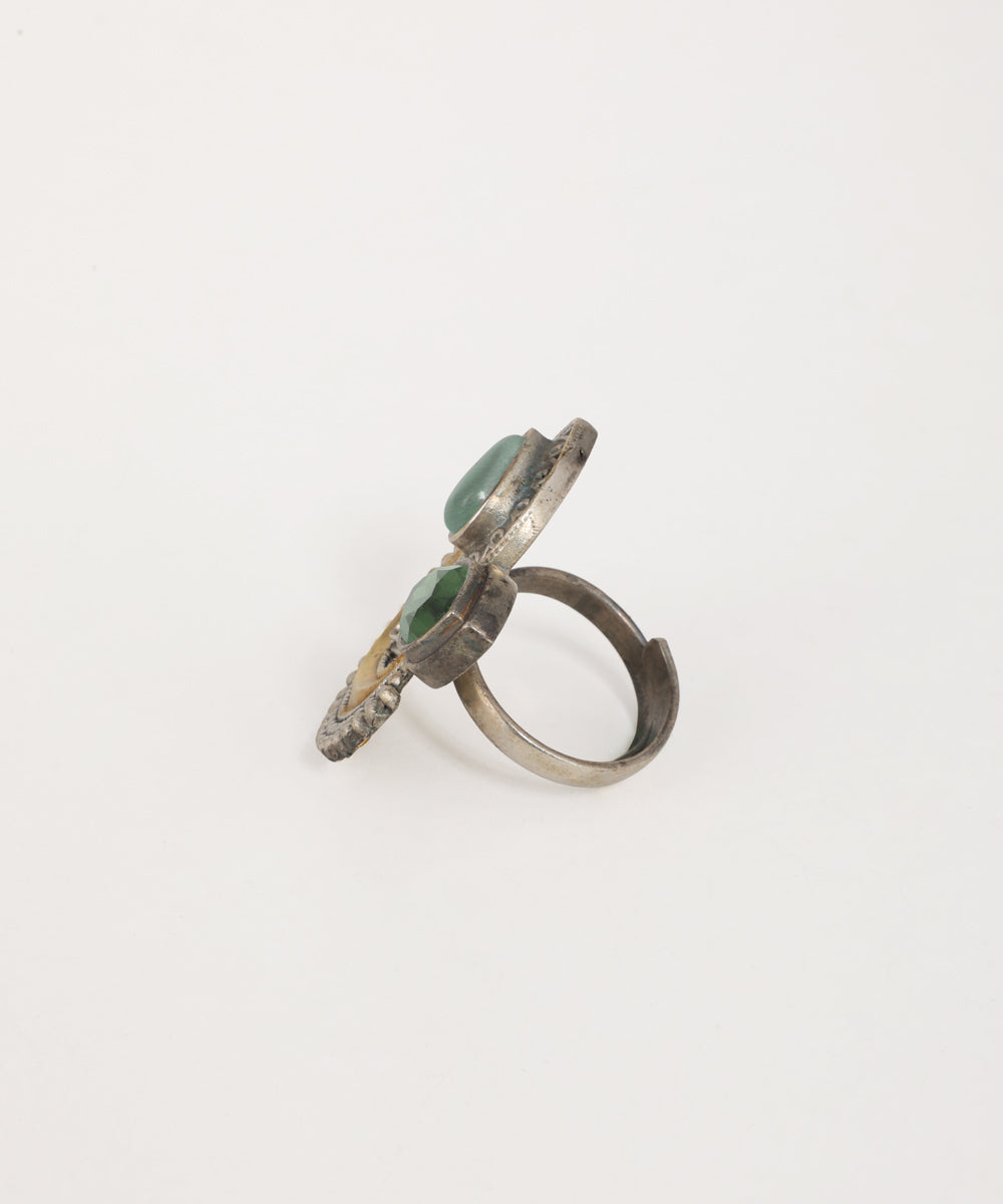 Bohemian crescent ring with intricate oxidised metal detailing