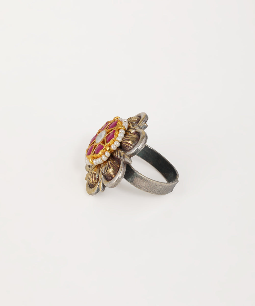 Traditional dual-tone flower ring with intricate oxidised detailing