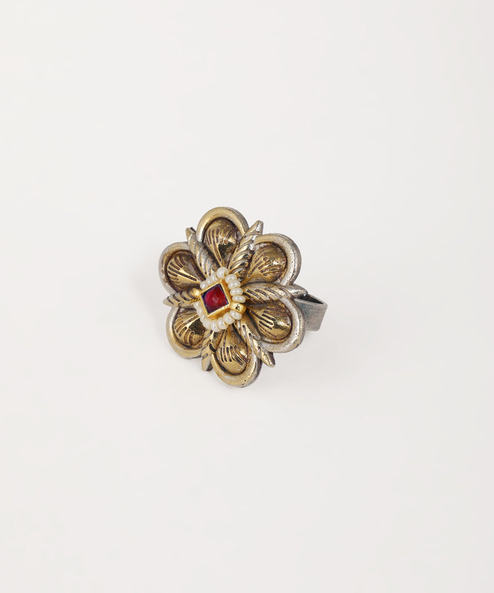 Intricate floral oxidised ring with colorful stone embellishment and ornate detailing