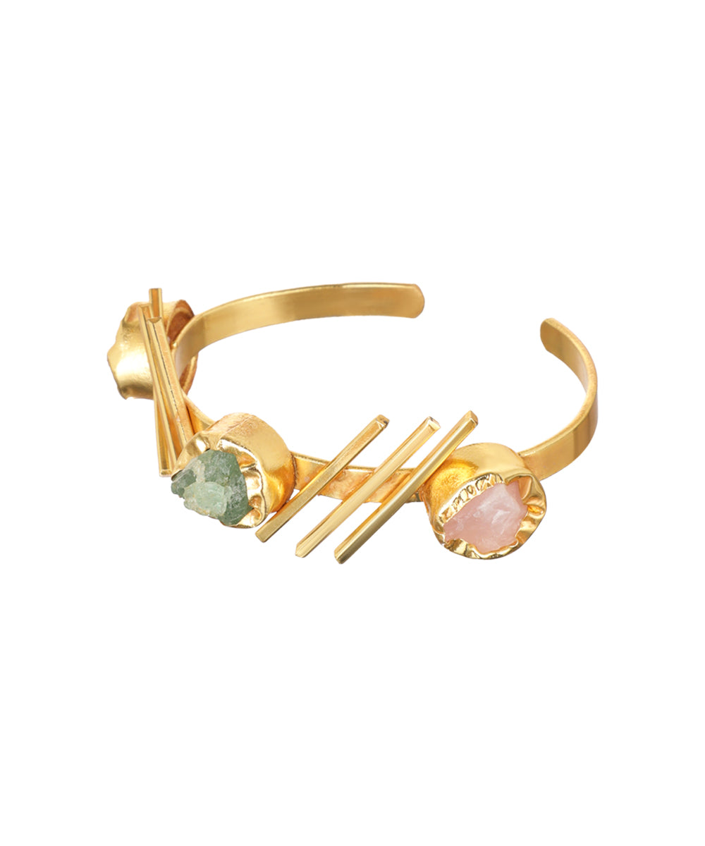 Linear Bar Uncut Rough Stone Open Cuff Bracelet | Stylika