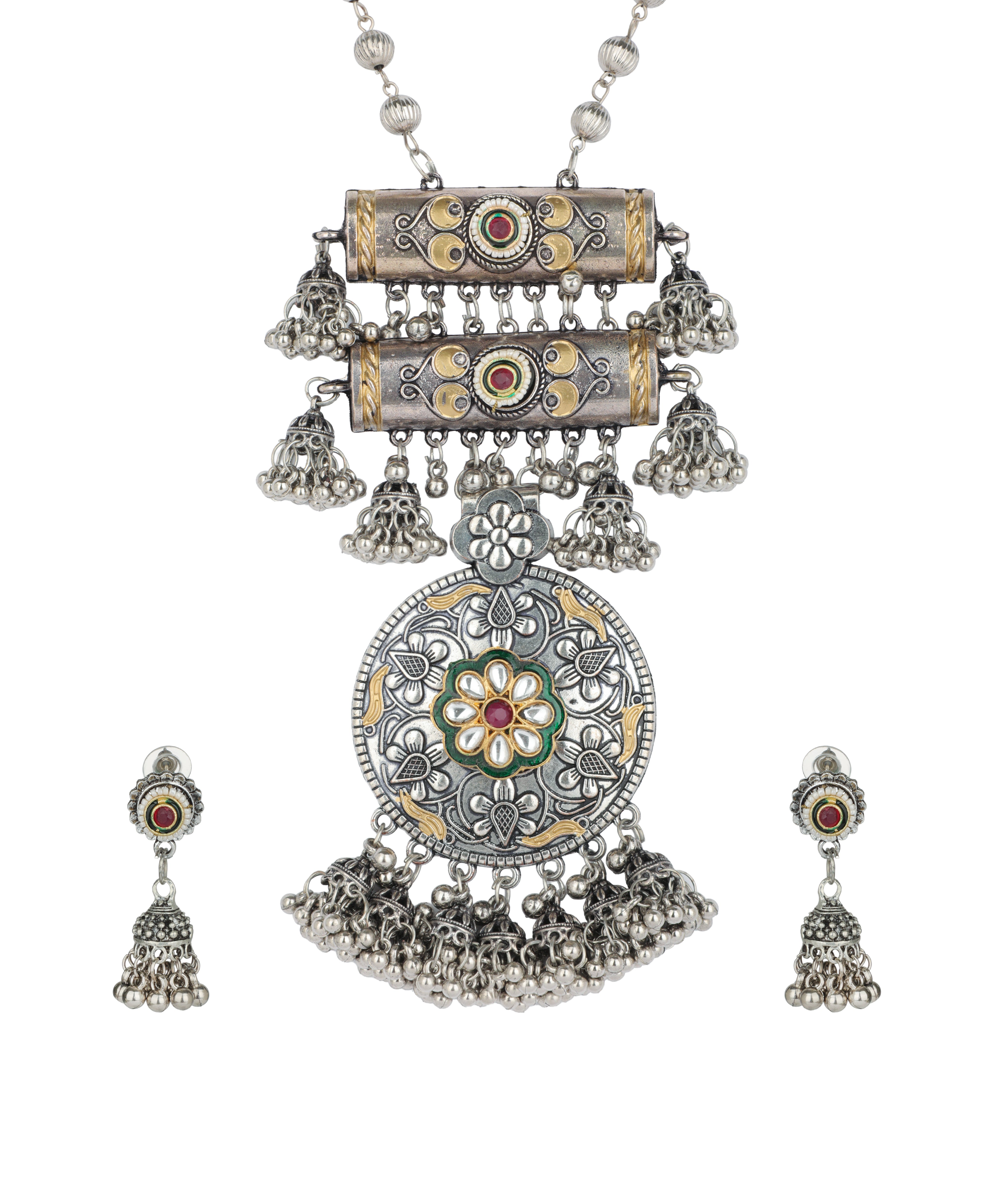 Floral Medallion Oxidised Pendant Necklace Set | Stylika