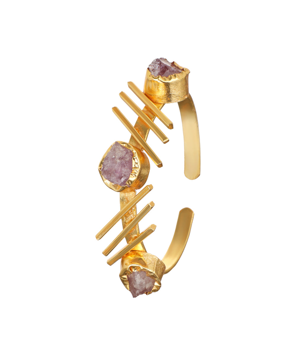 Linear Bar Uncut Rough Stone Open Cuff Bracelet | Stylika