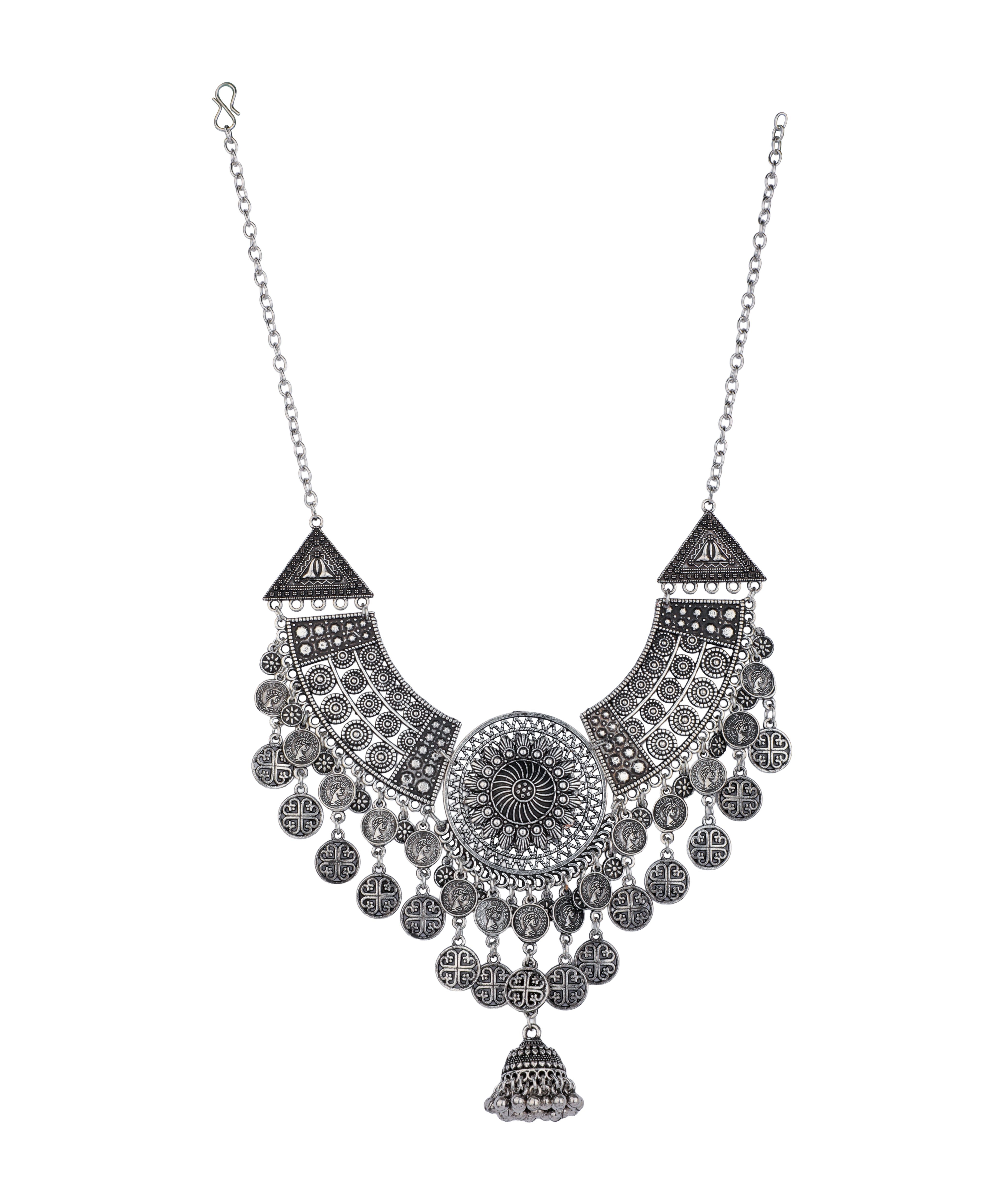 Coin Fringe Oxidised Necklace Set | Stylika