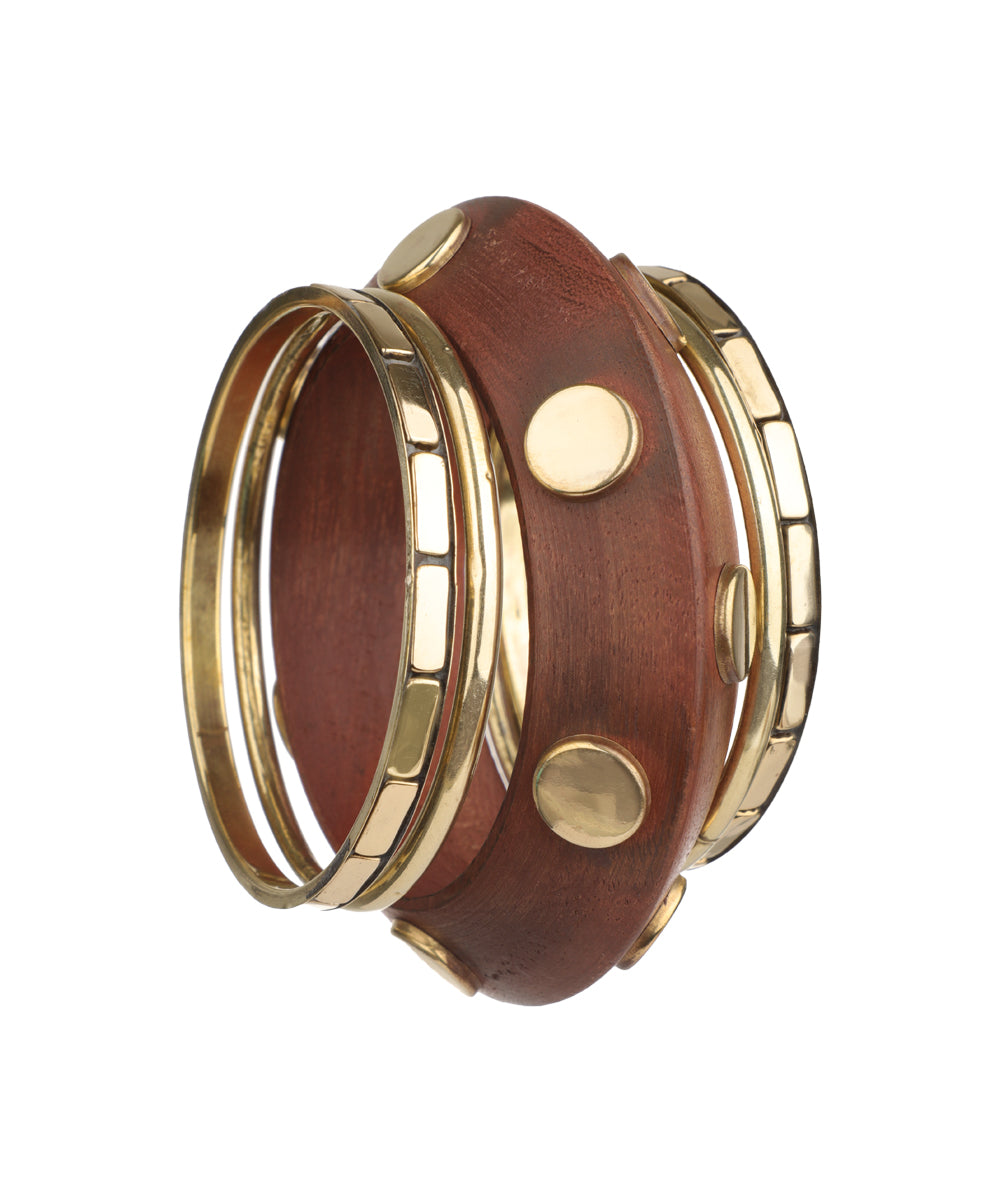Wide Wooden Band Kada with Metallic Accents | Stylika