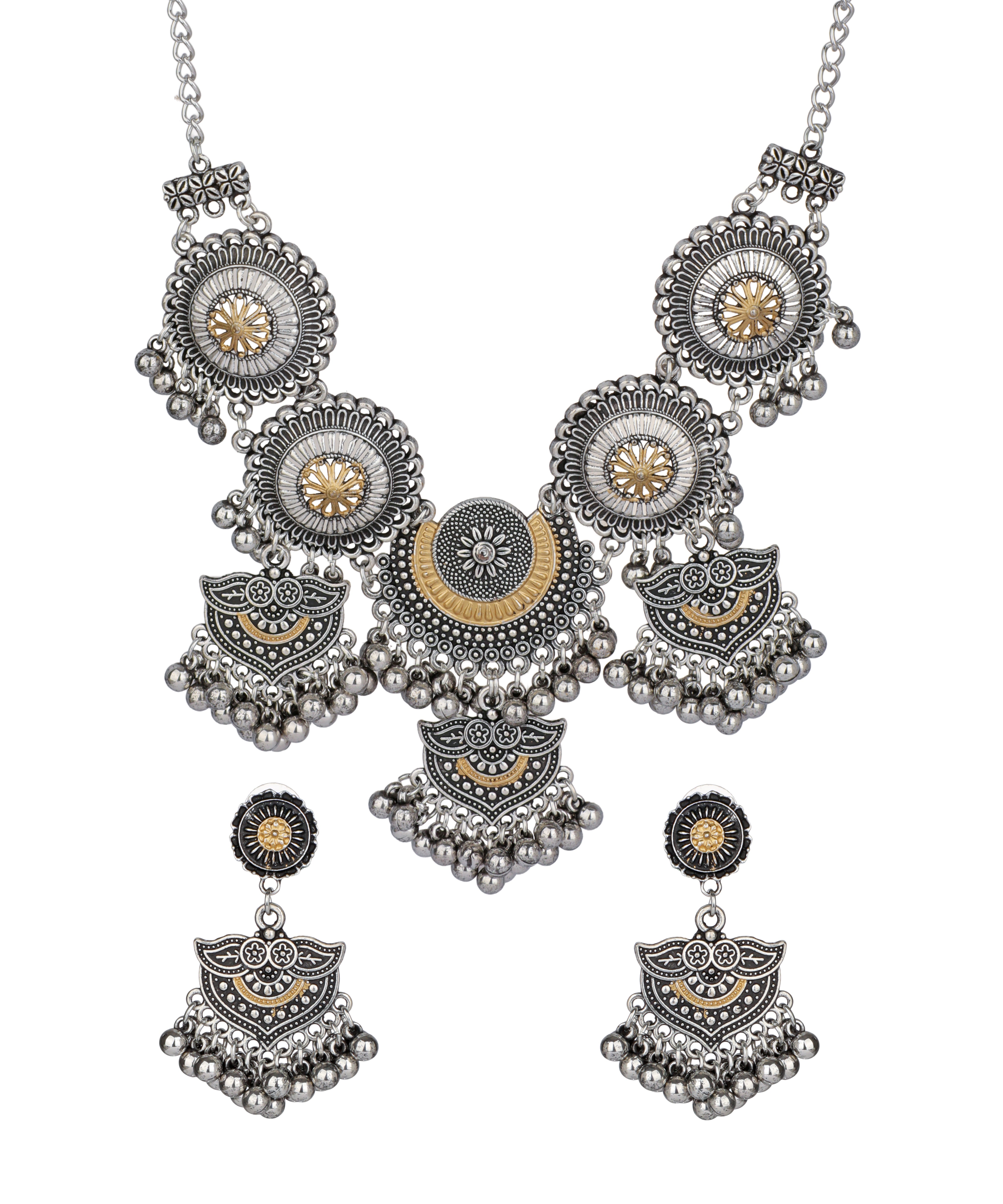 Rosette Fringe Oxidised Necklace Set | Stylika