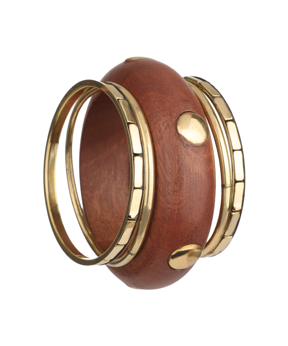 Layered Wooden Kada with Metallic Accents Bracelet | Stylika