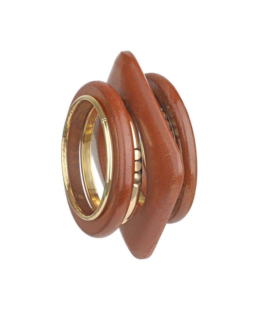 Layered Wood and Metallic Tone Kada Bracelet | Stylika