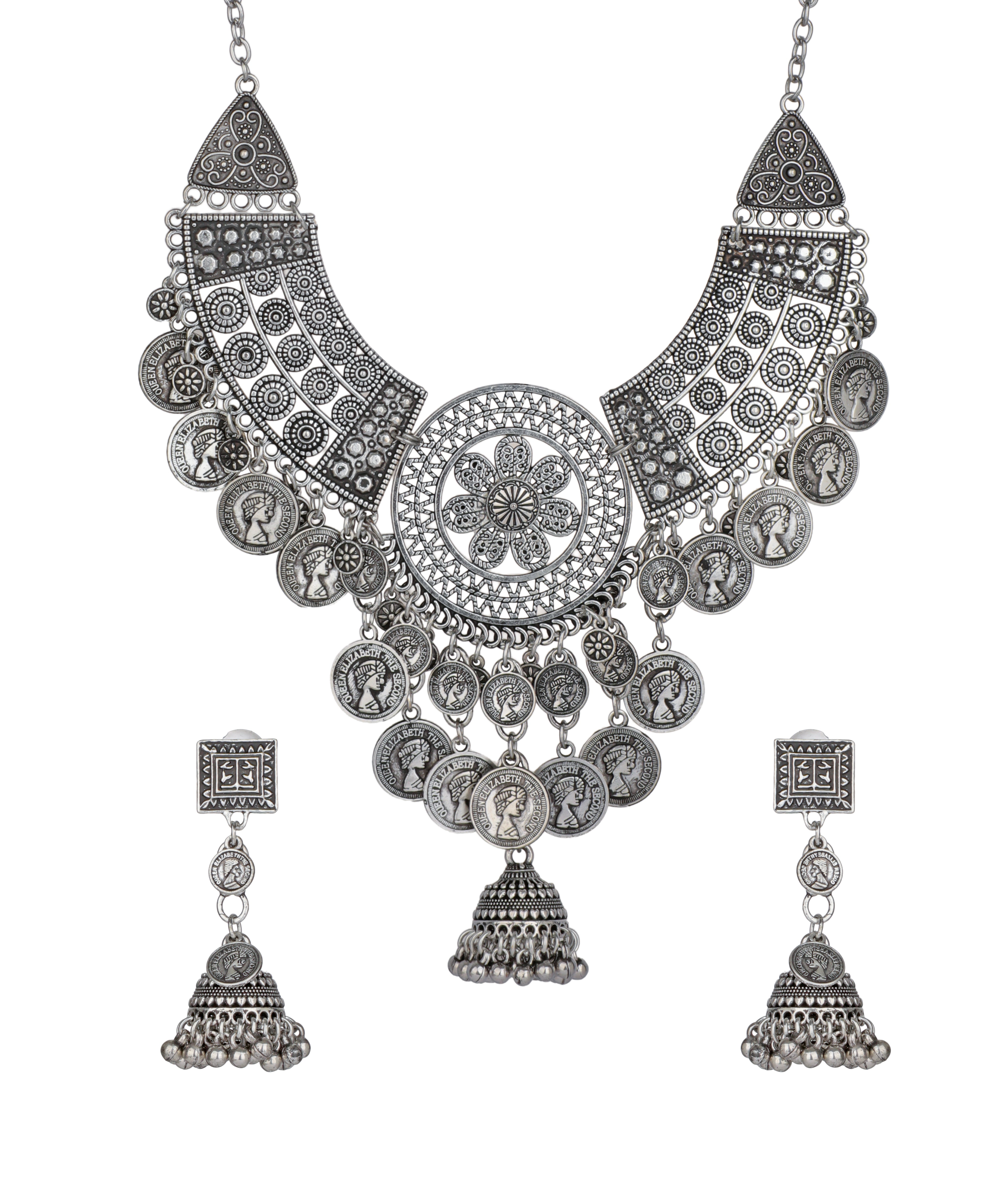 Rosette Coin Oxidised Necklace Set | Stylika