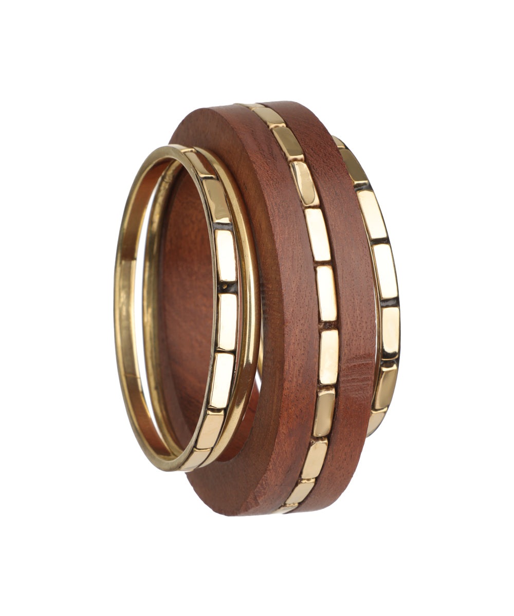 Layered Wood and Metallic Accent Kada Bangle | Stylika
