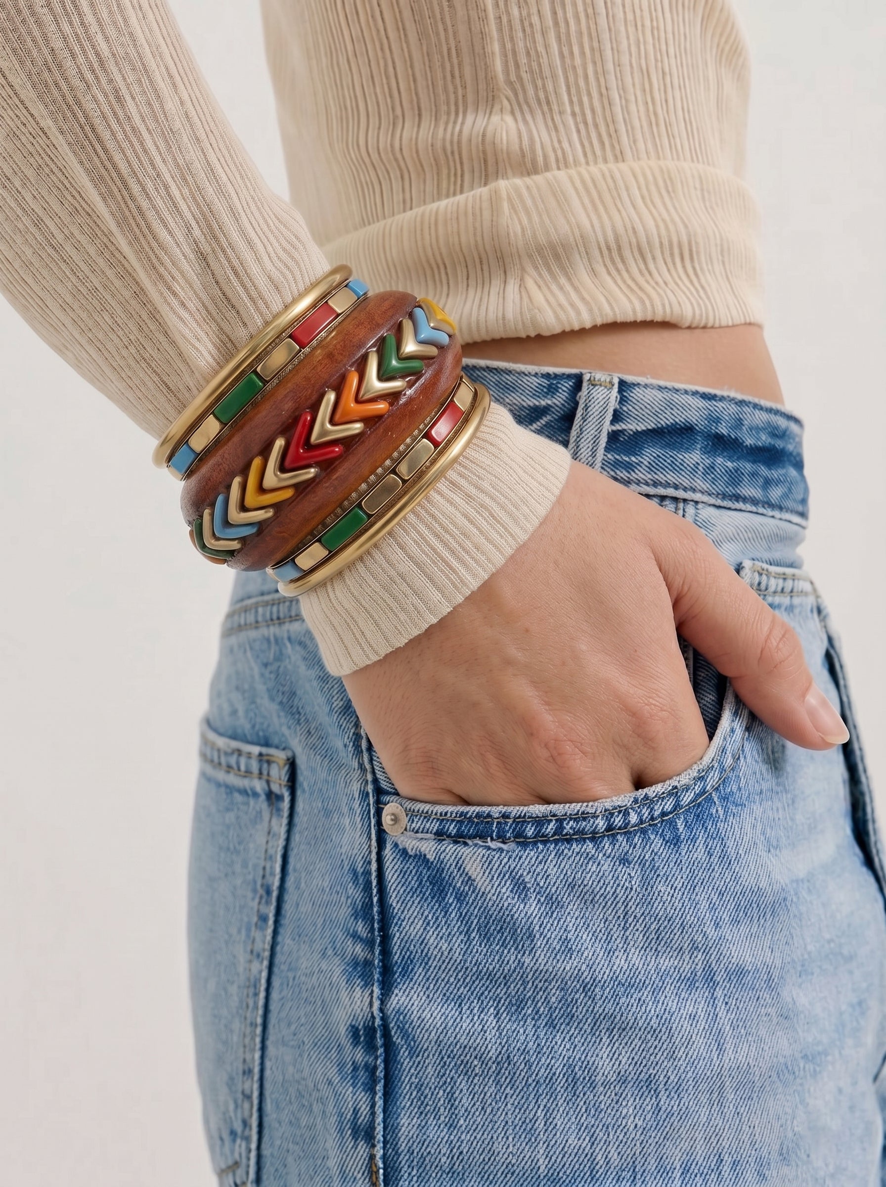 Statement Multi-Band Wooden Kada with Stacked Bangles | Stylika