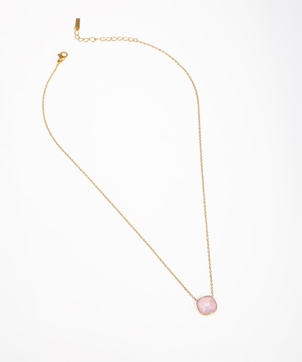 Dainty gold necklace with aqua blue square stone pendant