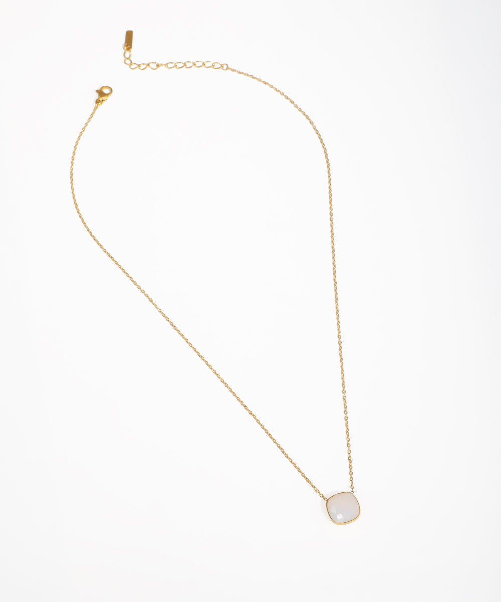 Dainty gold chain necklace with aqua blue square stone charm