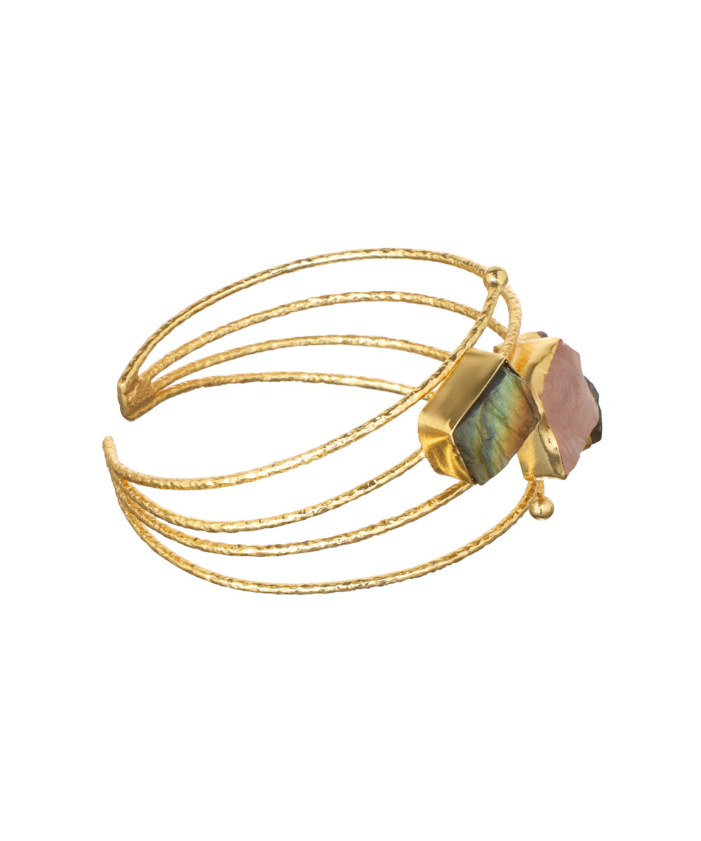 Layered Uncut Rough Stone Open Cuff Bracelet | Stylika