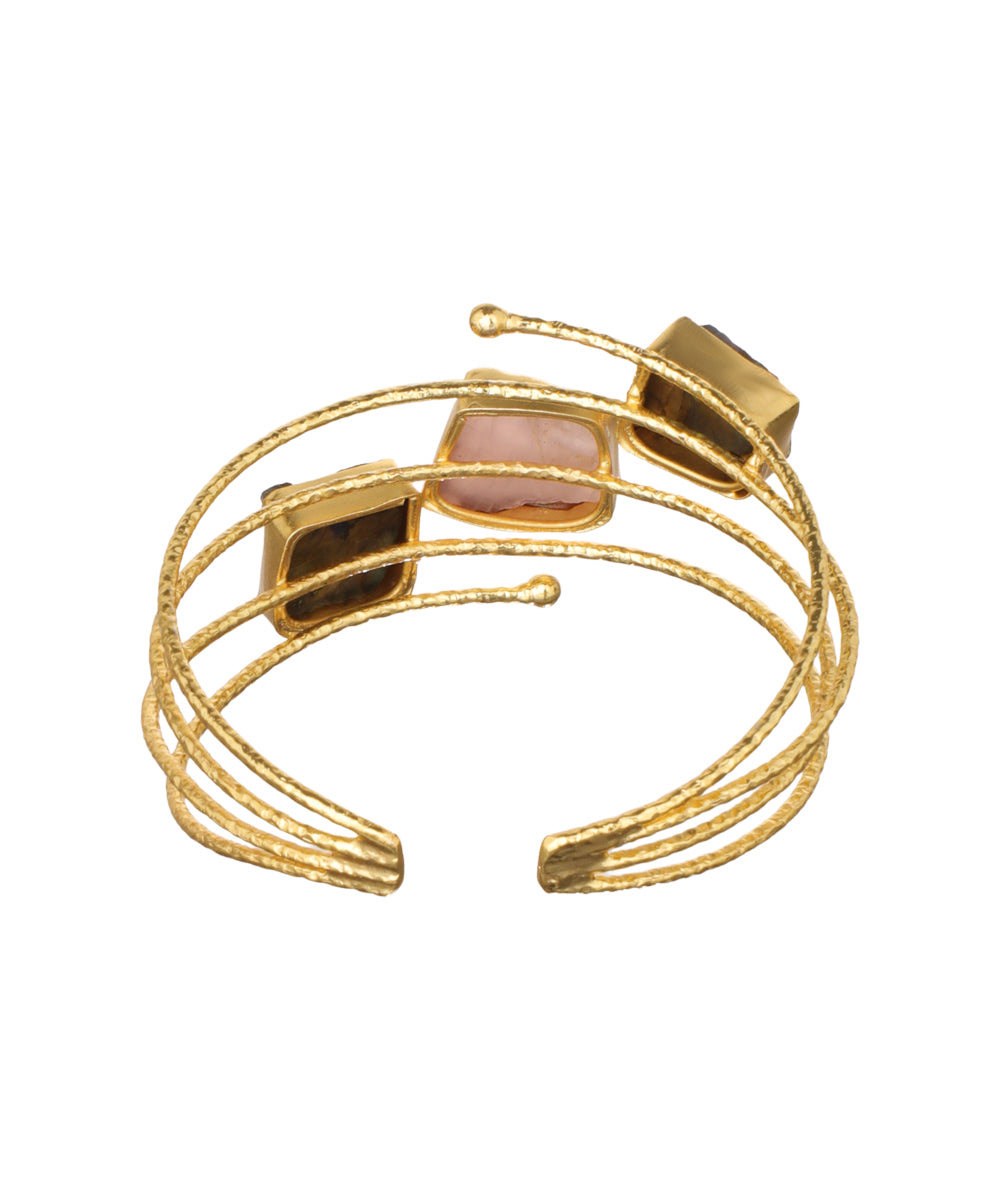 Layered Uncut Rough Stone Open Cuff Bracelet | Stylika
