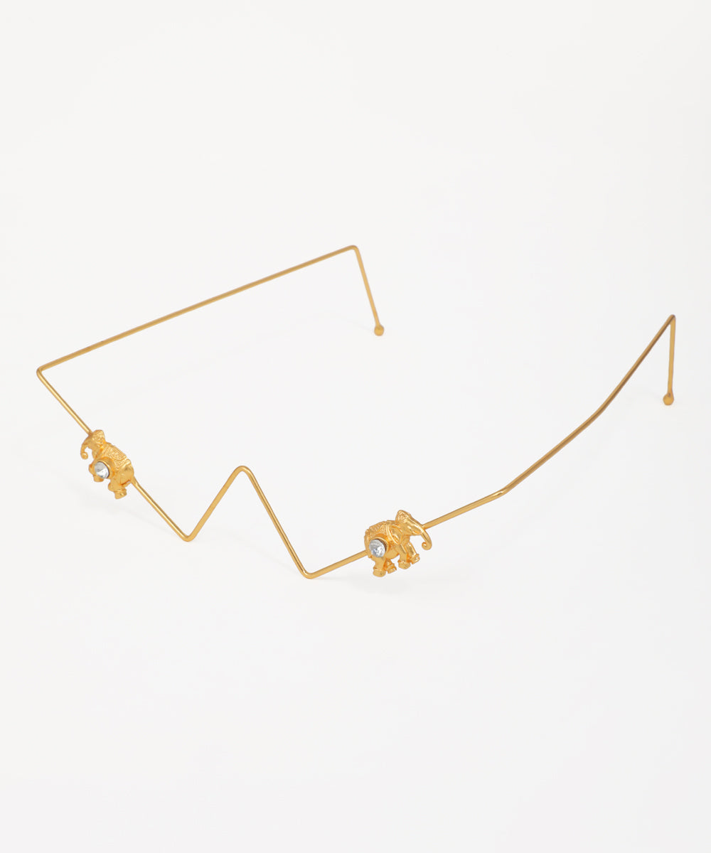 Gold-tone geometric wire earrings featuring elephant charms with crystal accents