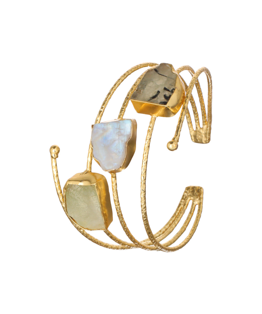 Layered Uncut Rough Stone Open Cuff Bracelet | Stylika