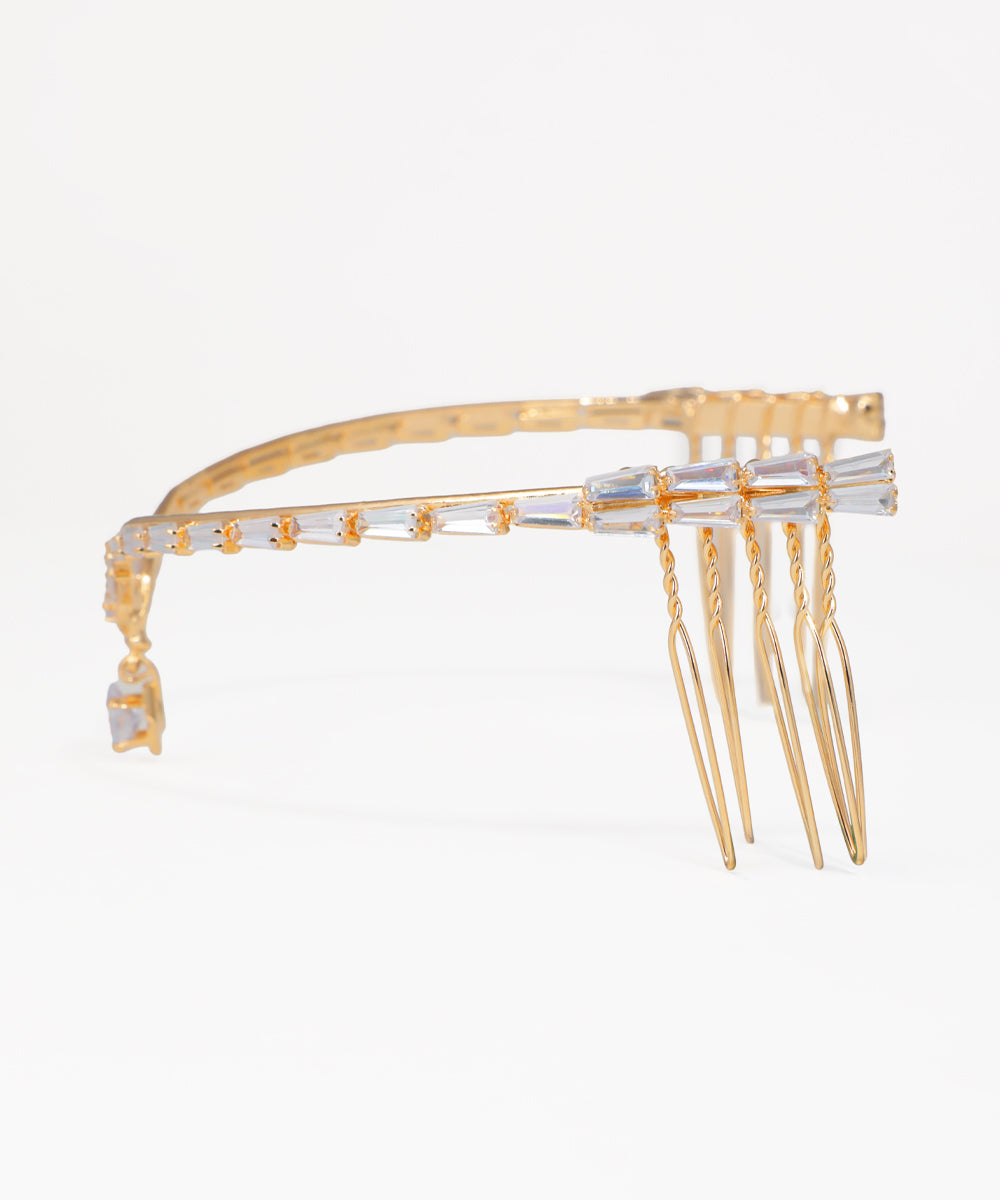 Crystal V-shape tiara featuring clear baguette stone embellishments