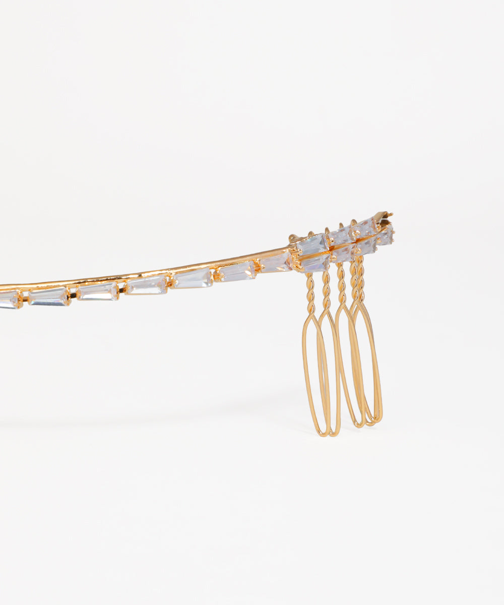 Elegant bridal tiara with baguette-cut crystals in a V-shaped design