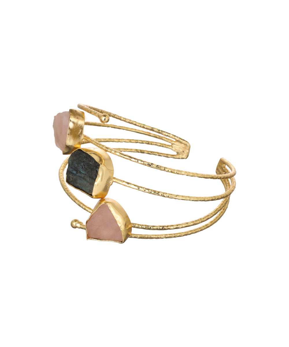 Layered Uncut Rough Stone Open Cuff Bracelet | Stylika