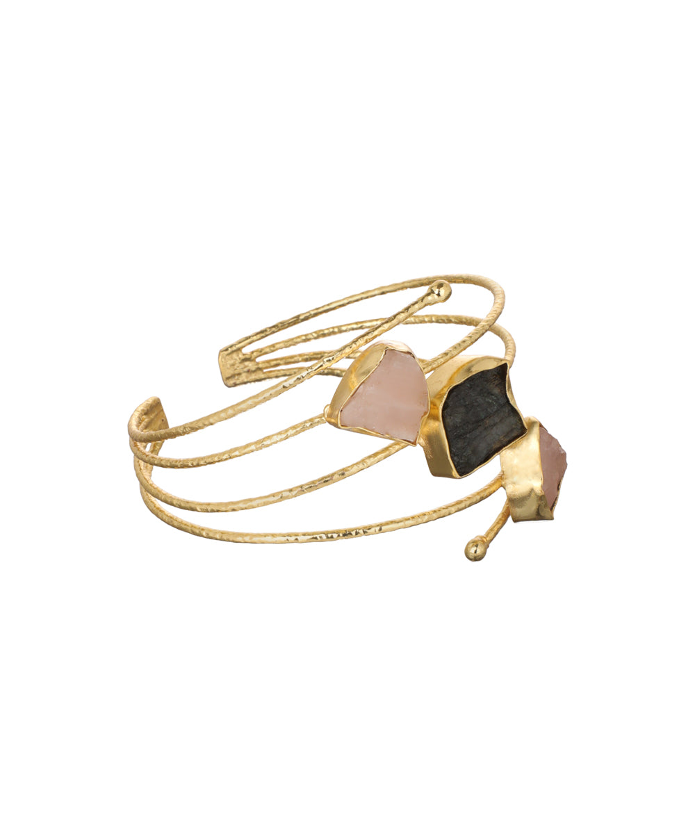 Layered Uncut Rough Stone Open Cuff Bracelet | Stylika
