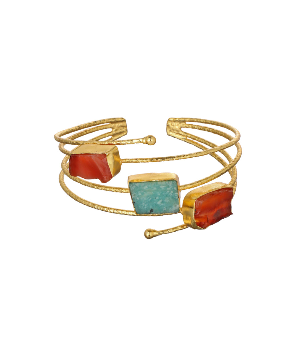 Layered Uncut Rough Stone Open Cuff Bracelet | Stylika
