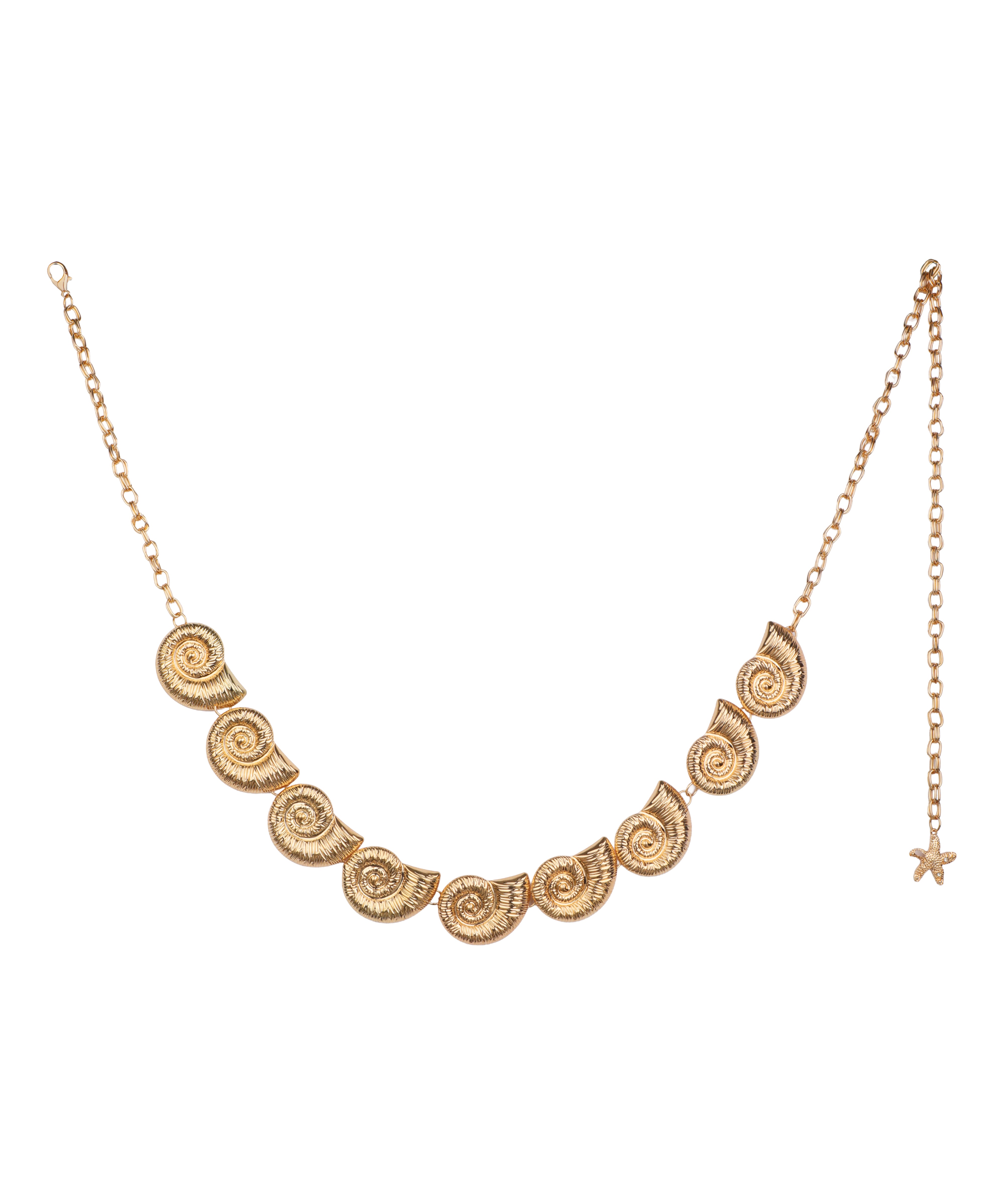 Gold-tone waist chain with textured spiral shell motifs and a small starfish charm on the extender.