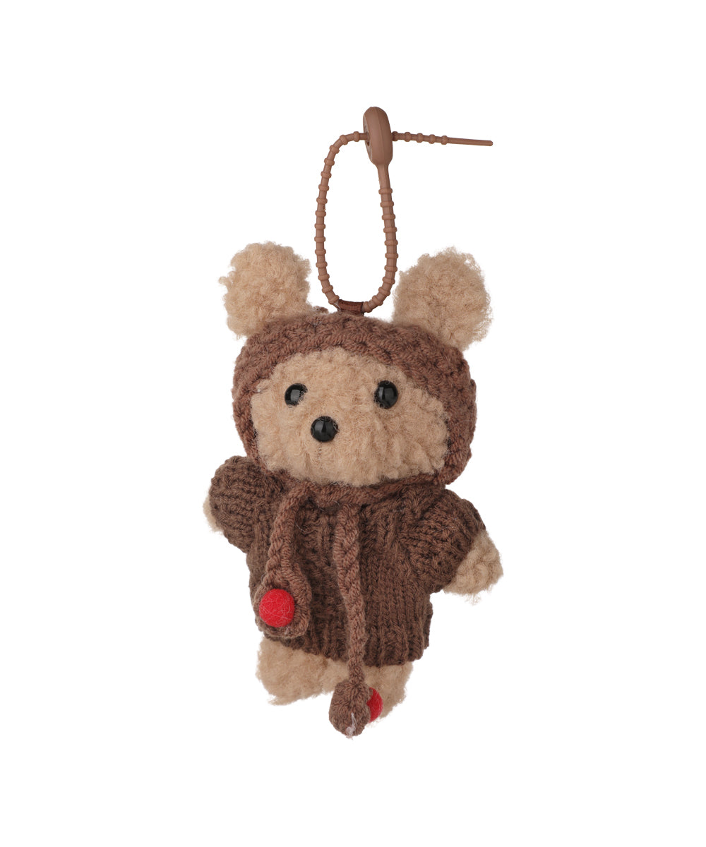 Brown knitted teddy bear bag charm with plastic loop attachment
