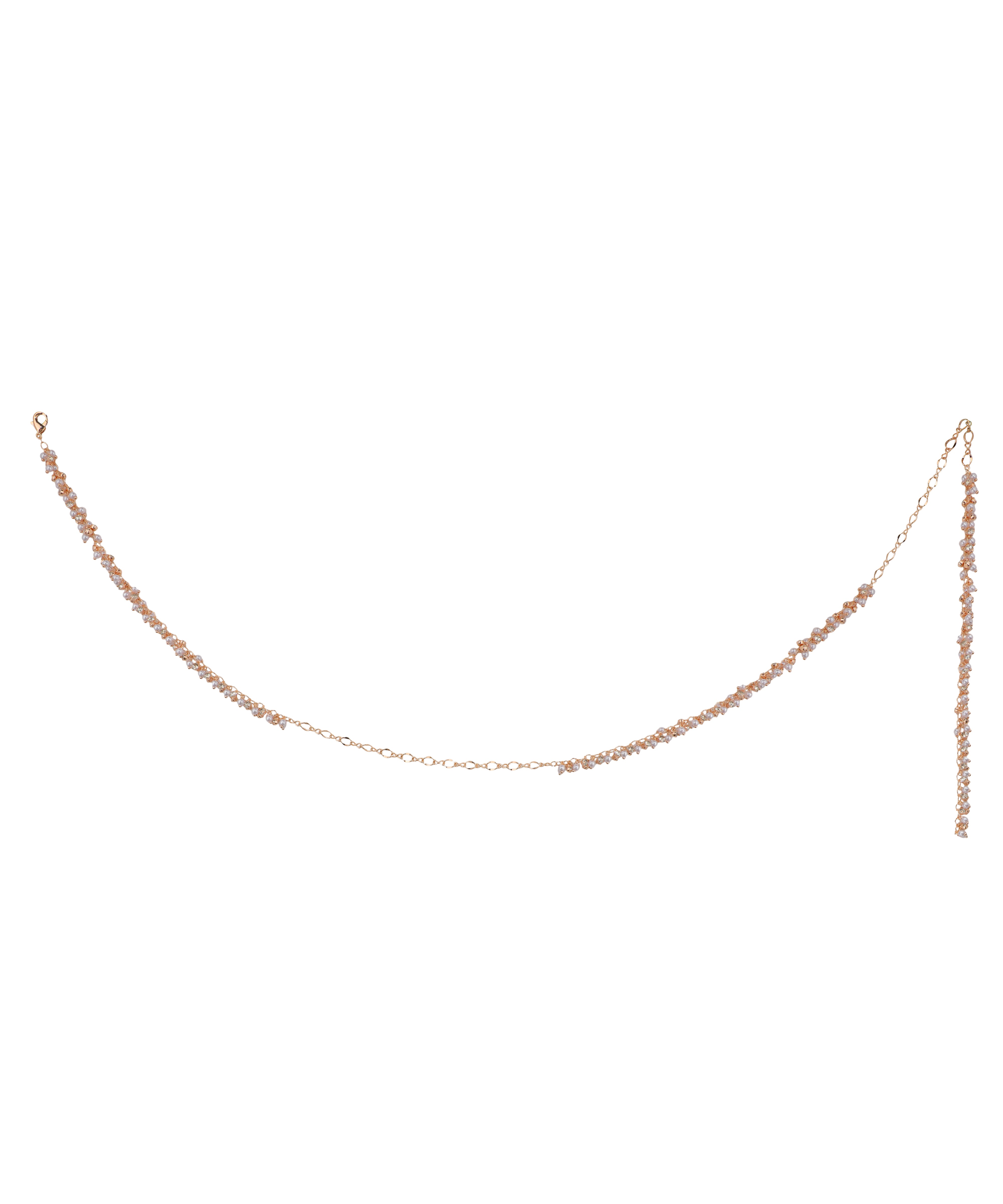 Rose-gold-tone waist chain with delicate multi-strand design and small light-tone beads
