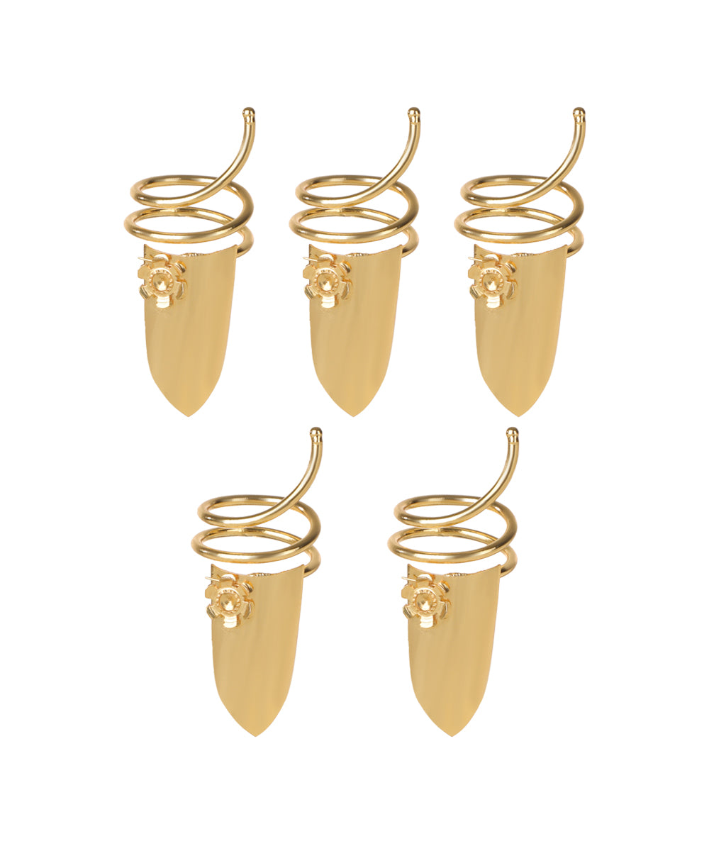 Gold-tone nail rings set with spiral bands and floral shield design