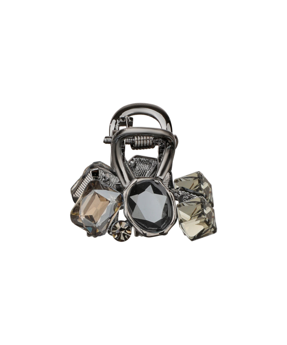 Rhodium finish claw clip with multi-faceted smoky and brown glass crystals