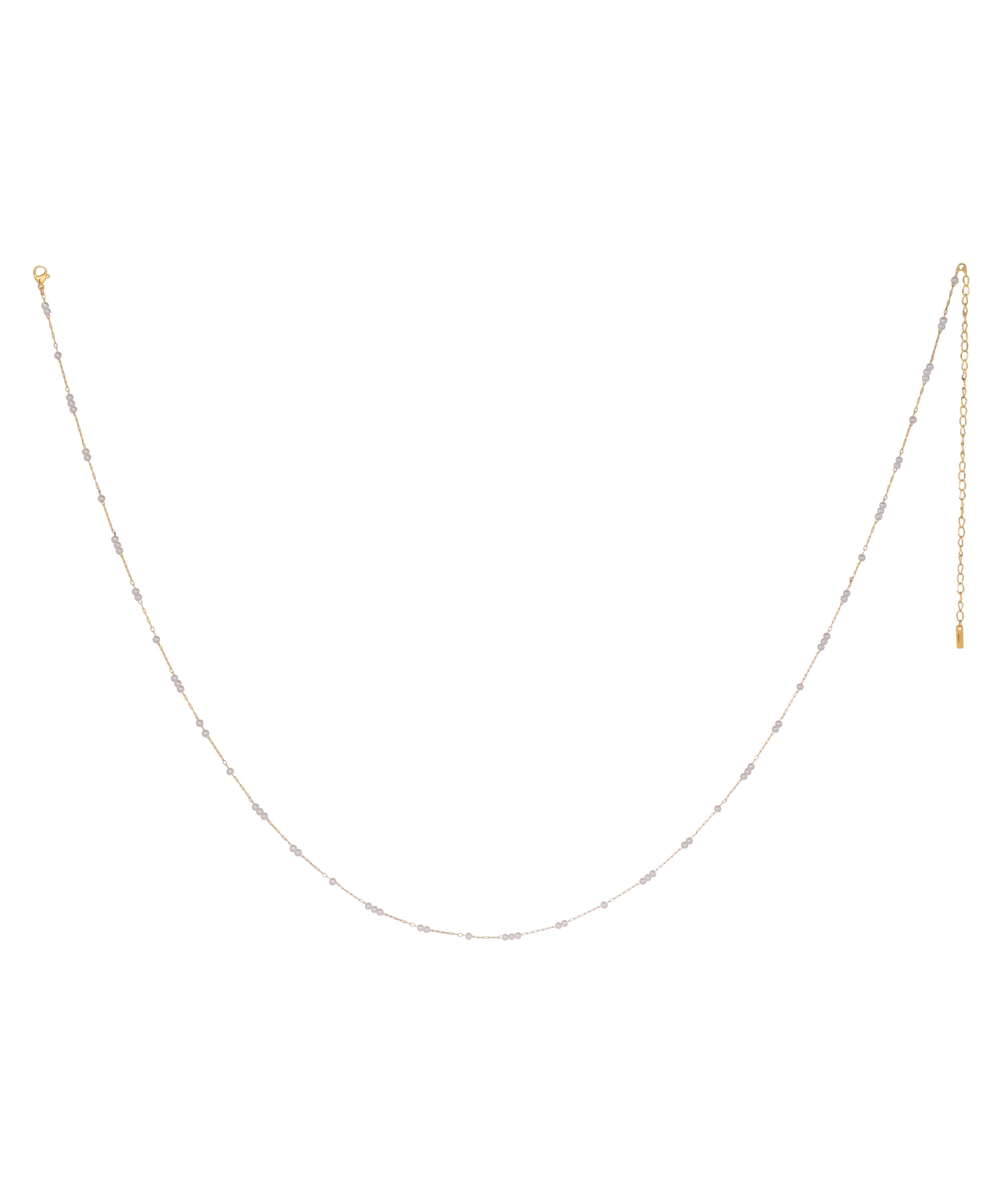 Gold-tone waist chain with delicate faux pearl beads and an adjustable extender chain