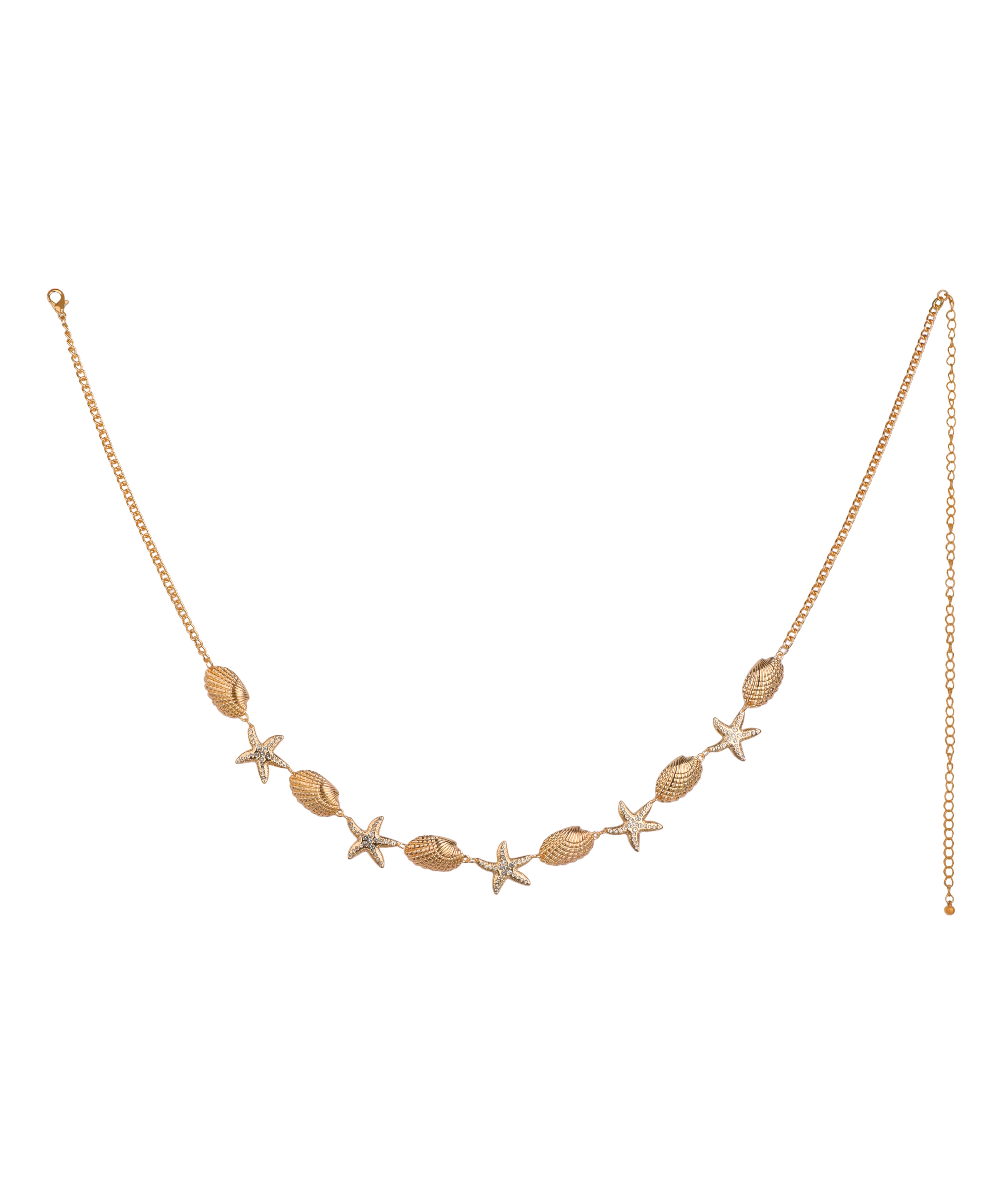 Gold-tone waist chain with alternating textured seashell and CZ-studded starfish charms
