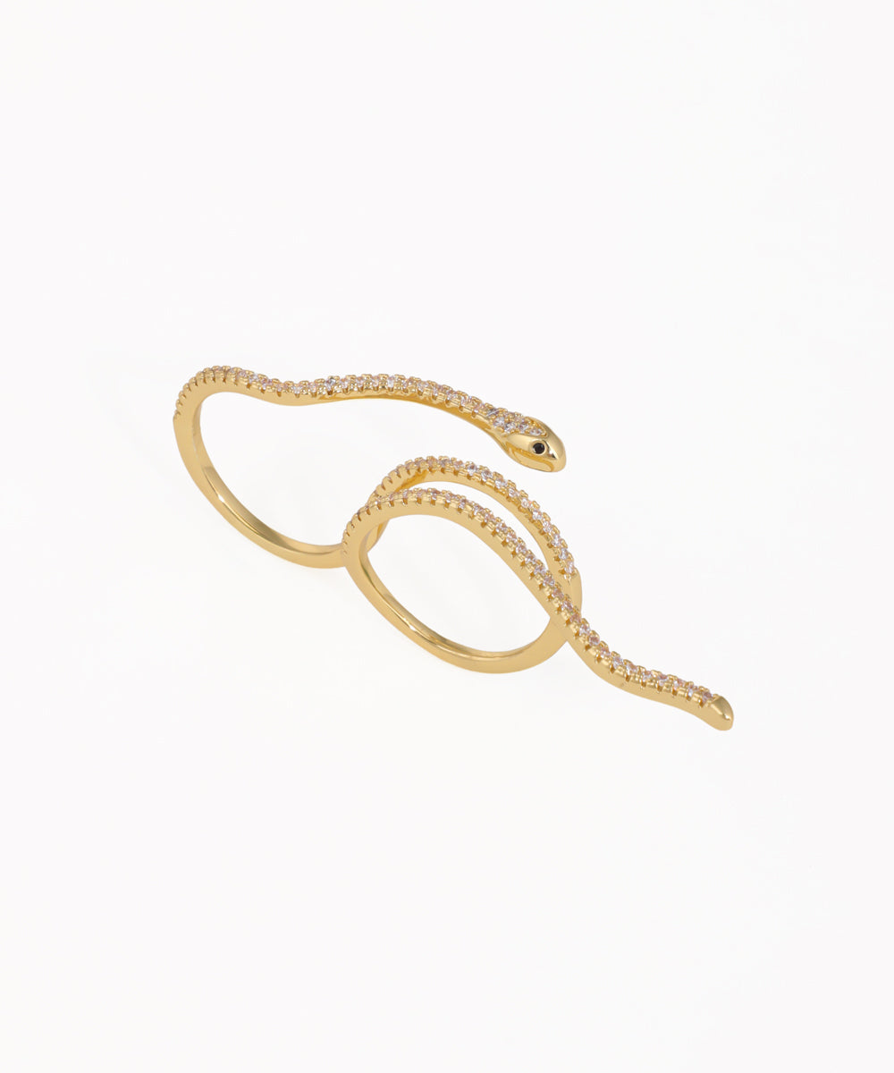 Gold-tone ring with coiling serpent design and clear sparkle stones