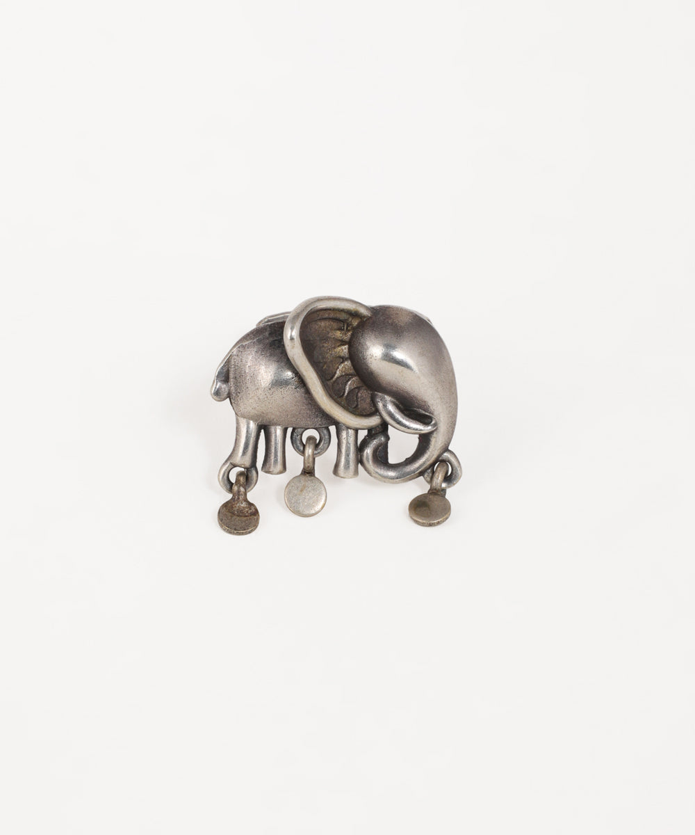 Oxidised ring with elephant motif and small hanging disc charms