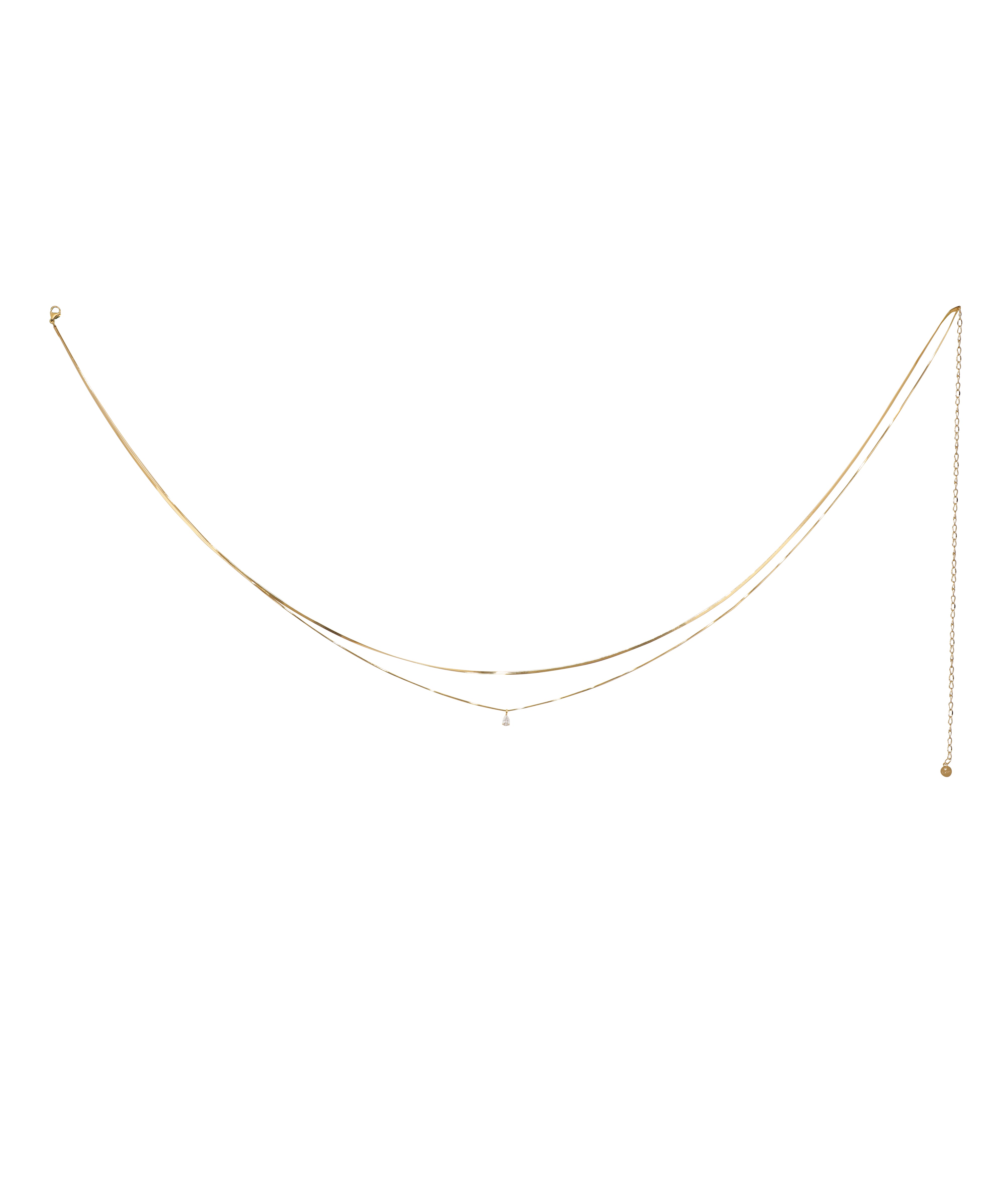 Gold-tone layered waist chain with a single cubic zirconia stone drop and adjustable extender